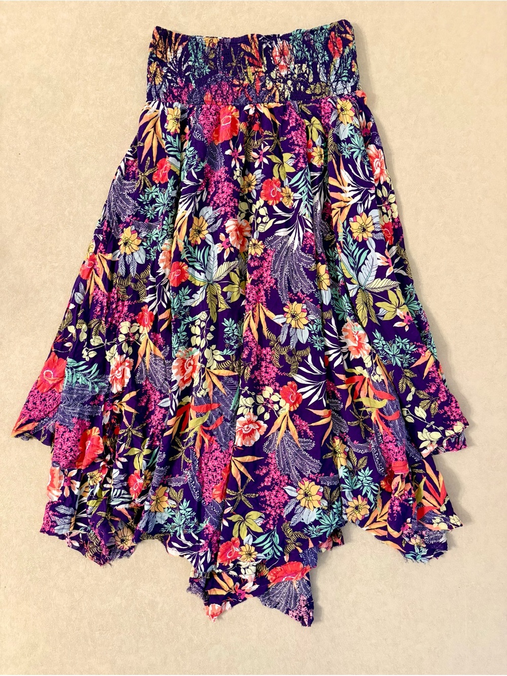 Free People Purple Floral Handkerchief Hem Smocked Asymmetrical Cotton Skirt M - Picture 9 of 17
